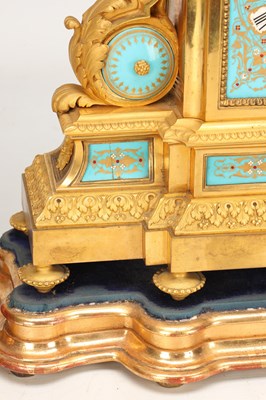 Lot 155 - A LARGE LATE 19TH CENTURY FRENCH SEVRES JEWELLED PORCELAIN AND ORMOLU TURQUOISE-GROUND CLOCK GARNITURE