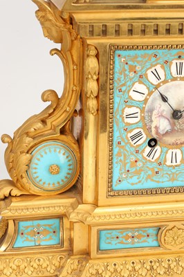 Lot 155 - A LARGE LATE 19TH CENTURY FRENCH SEVRES JEWELLED PORCELAIN AND ORMOLU TURQUOISE-GROUND CLOCK GARNITURE