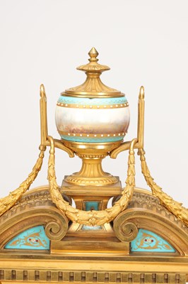 Lot 155 - A LARGE LATE 19TH CENTURY FRENCH SEVRES JEWELLED PORCELAIN AND ORMOLU TURQUOISE-GROUND CLOCK GARNITURE