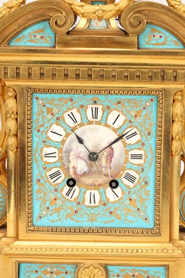 Lot 155 - A LARGE LATE 19TH CENTURY FRENCH SEVRES JEWELLED PORCELAIN AND ORMOLU TURQUOISE-GROUND CLOCK GARNITURE