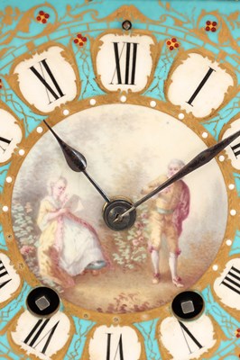 Lot 155 - A LARGE LATE 19TH CENTURY FRENCH SEVRES JEWELLED PORCELAIN AND ORMOLU TURQUOISE-GROUND CLOCK GARNITURE