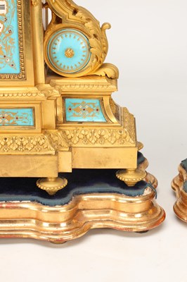 Lot 155 - A LARGE LATE 19TH CENTURY FRENCH SEVRES JEWELLED PORCELAIN AND ORMOLU TURQUOISE-GROUND CLOCK GARNITURE