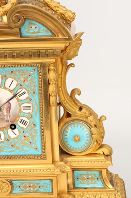 Lot 155 - A LARGE LATE 19TH CENTURY FRENCH SEVRES JEWELLED PORCELAIN AND ORMOLU TURQUOISE-GROUND CLOCK GARNITURE