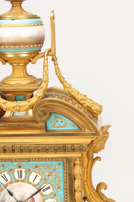 Lot 155 - A LARGE LATE 19TH CENTURY FRENCH SEVRES JEWELLED PORCELAIN AND ORMOLU TURQUOISE-GROUND CLOCK GARNITURE