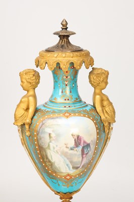 Lot 155 - A LARGE LATE 19TH CENTURY FRENCH SEVRES JEWELLED PORCELAIN AND ORMOLU TURQUOISE-GROUND CLOCK GARNITURE