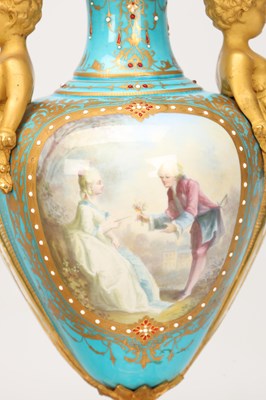 Lot 155 - A LARGE LATE 19TH CENTURY FRENCH SEVRES JEWELLED PORCELAIN AND ORMOLU TURQUOISE-GROUND CLOCK GARNITURE