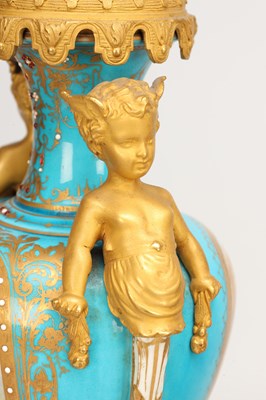 Lot 155 - A LARGE LATE 19TH CENTURY FRENCH SEVRES JEWELLED PORCELAIN AND ORMOLU TURQUOISE-GROUND CLOCK GARNITURE