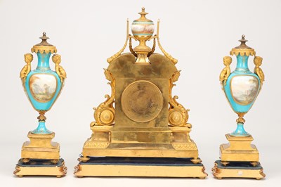 Lot 155 - A LARGE LATE 19TH CENTURY FRENCH SEVRES JEWELLED PORCELAIN AND ORMOLU TURQUOISE-GROUND CLOCK GARNITURE