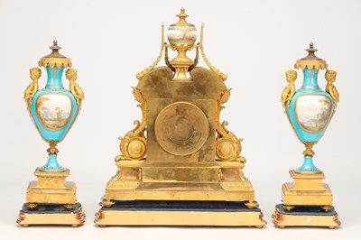 Lot 155 - A LARGE LATE 19TH CENTURY FRENCH SEVRES JEWELLED PORCELAIN AND ORMOLU TURQUOISE-GROUND CLOCK GARNITURE