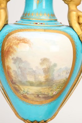 Lot 155 - A LARGE LATE 19TH CENTURY FRENCH SEVRES JEWELLED PORCELAIN AND ORMOLU TURQUOISE-GROUND CLOCK GARNITURE