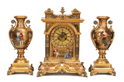 Lot A FINE LATE 19TH CENTURY FRENCH LIMOGES ENAMEL AND ORMOLU CLOCK GARNITURE