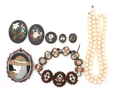 Lot A COLLECTION OF PIETRA DURA PLAQUES, A CAARLSBAD BRACELET AND A PEARL NECKLACE
