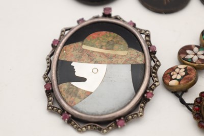 Lot A COLLECTION OF PIETRA DURA PLAQUES, A CARLSBAD BRACELET AND A PEARL NECKLACE