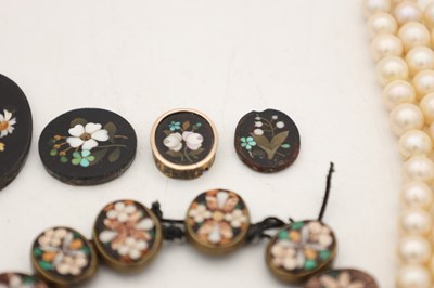 Lot A COLLECTION OF PIETRA DURA PLAQUES, A CARLSBAD BRACELET AND A PEARL NECKLACE