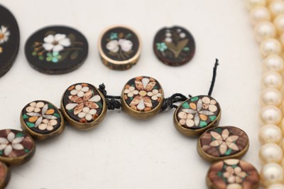 Lot A COLLECTION OF PIETRA DURA PLAQUES, A CARLSBAD BRACELET AND A PEARL NECKLACE