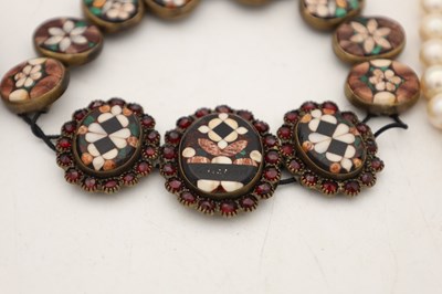 Lot A COLLECTION OF PIETRA DURA PLAQUES, A CARLSBAD BRACELET AND A PEARL NECKLACE