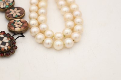 Lot A COLLECTION OF PIETRA DURA PLAQUES, A CARLSBAD BRACELET AND A PEARL NECKLACE