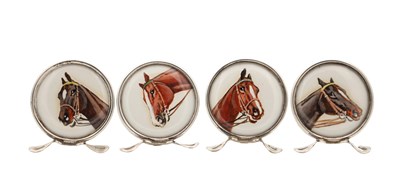 Lot A CASED SET OF EDWARDIAN ENGLISH SILVER MENU HOLDERS WITH HAND PAINTED HORSE PORTRAITS