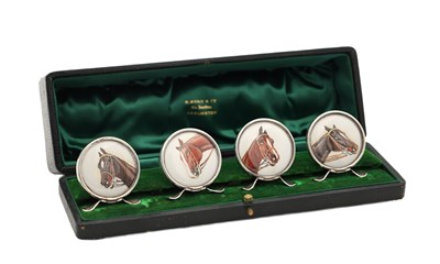 Lot A CASED SET OF EDWARDIAN ENGLISH SILVER MENU HOLDERS WITH HAND PAINTED HORSE PORTRAITS