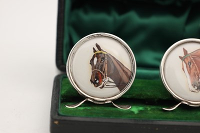 Lot A CASED SET OF EDWARDIAN ENGLISH SILVER MENU HOLDERS WITH HAND PAINTED HORSE PORTRAITS