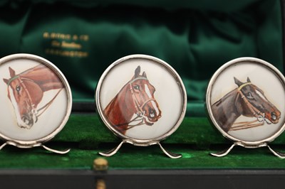 Lot A CASED SET OF EDWARDIAN ENGLISH SILVER MENU HOLDERS WITH HAND PAINTED HORSE PORTRAITS