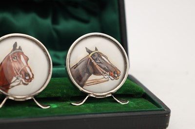 Lot A CASED SET OF EDWARDIAN ENGLISH SILVER MENU HOLDERS WITH HAND PAINTED HORSE PORTRAITS