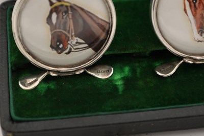 Lot A CASED SET OF EDWARDIAN ENGLISH SILVER MENU HOLDERS WITH HAND PAINTED HORSE PORTRAITS