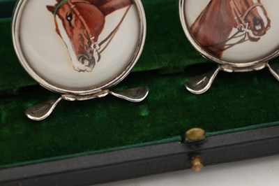 Lot A CASED SET OF EDWARDIAN ENGLISH SILVER MENU HOLDERS WITH HAND PAINTED HORSE PORTRAITS