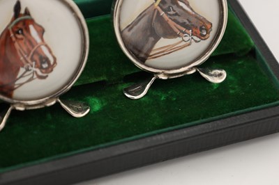 Lot A CASED SET OF EDWARDIAN ENGLISH SILVER MENU HOLDERS WITH HAND PAINTED HORSE PORTRAITS