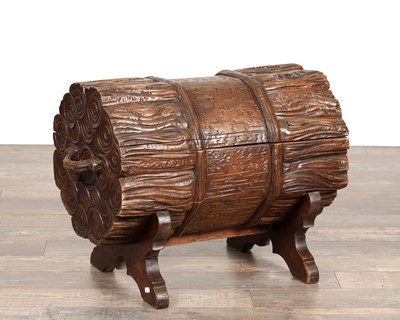 Lot A 20TH CENTURY BLACK FOREST CARVED WALNUT LOG BIN
