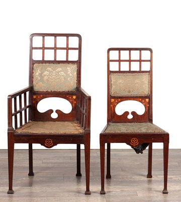 Lot A SET OF THREE LATE 19TH CENTURY ARTS AND CRAFTS INLAID MAHOGANY CHAIRS