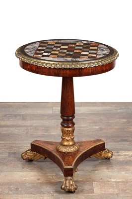 Lot A REGENCY ROSEWOOD AND PARCEL GILT SPECIMEN MARBLE TOP GAMES TABLE