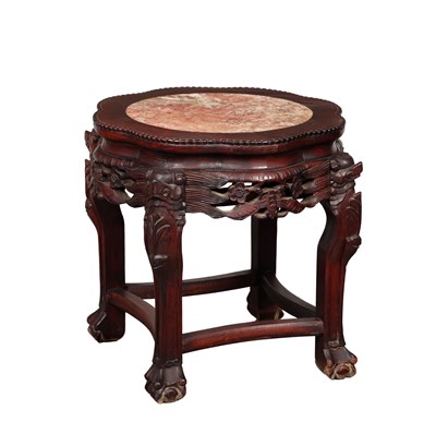 Lot A 19TH CENTURY CHINESE HARDWOOD CIRCULAR JARDINIERE STAND WITH ROUGE MARBLE INSET