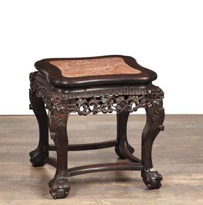 Lot A 19TH CENTURY CHINESE CARVED HARDWOOD JARDINIERE STAND WITH INSET MARBLE TOP