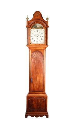 Lot HARRIS. A GEORGE III FIGURED MAHOGANY QUARTER CHIMING AUTOMATON LONGCASE CLOCK