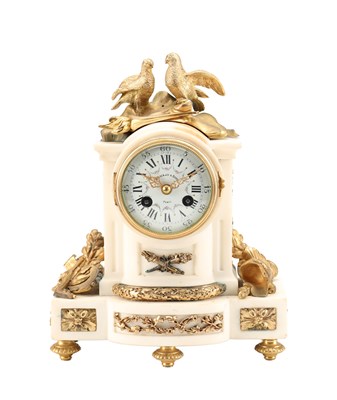 Lot A LATE 19TH CENTURY FRENCH WHITE MARBLE AND ORMOLU MANTEL CLOCK WITH DOVES FINIAL
