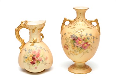 Lot TWO 20TH CENTURY ROYAL WORCESTER BLUSH IVORY FLORAL DECORATED VASE AND EWER