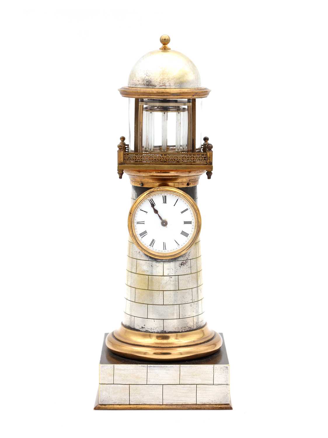 Lot 126 - GUILMET, PARIS. A LATE 19TH CENTURY BRASS AND SILVERED BRASS AUTOMATON LIGHTHOUSE MANTEL CLOCK