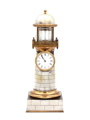 Lot 126 - GUILMET, PARIS. A LATE 19TH CENTURY BRASS AND SILVERED BRASS AUTOMATON LIGHTHOUSE MANTEL CLOCK
