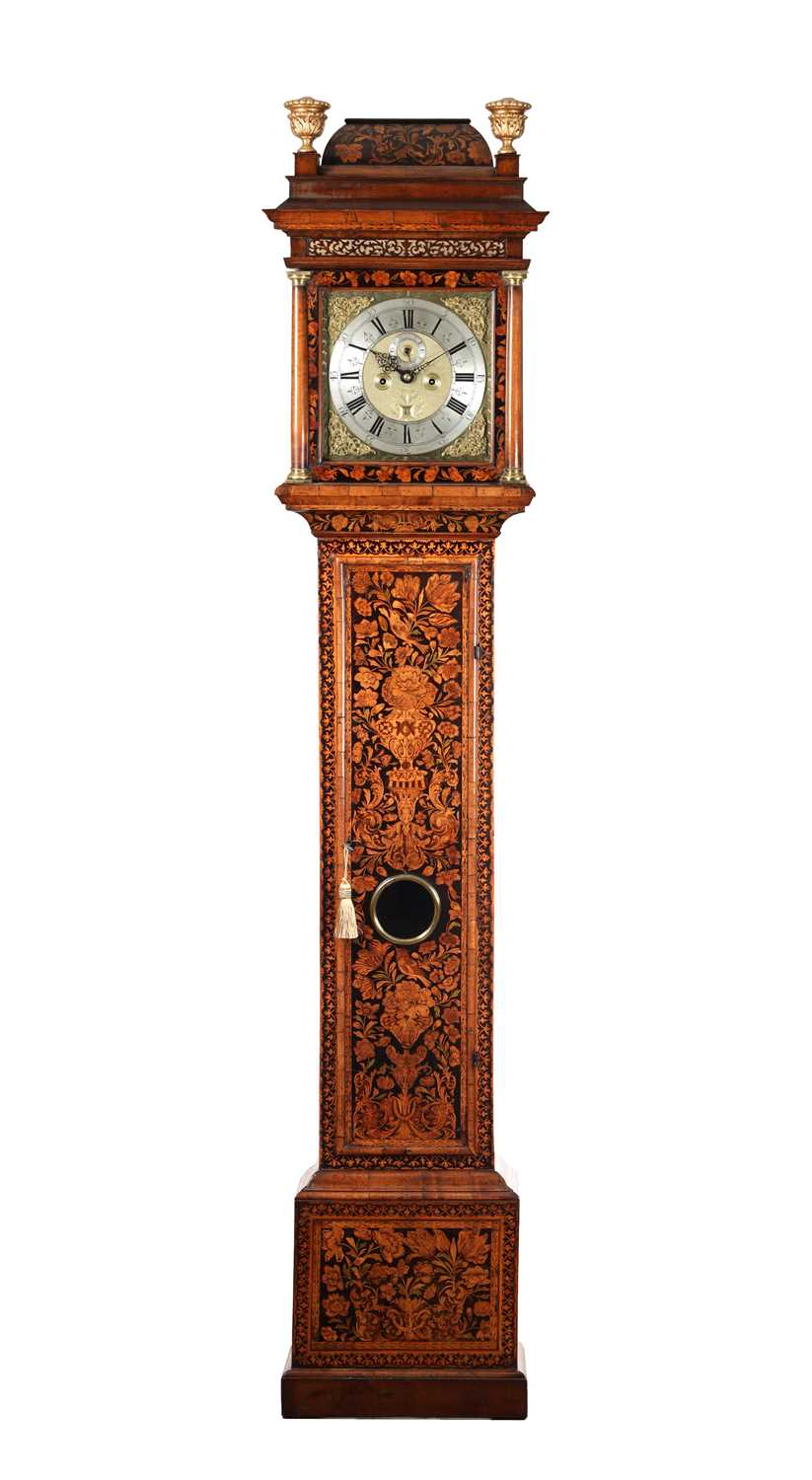 Lot 101 - JOHN SHAW, HOLBOURN. A WILLIAM AND MARY WALNUT MARQUETRY LONGCASE CLOCK