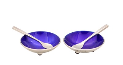 Lot ANGUS MCFADYEN A PAIR OF SCOTTISH SILVER, ENAMEL AND GARNET SALTS