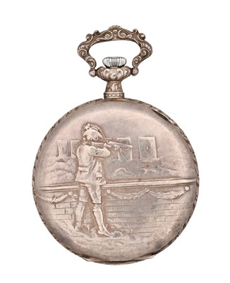 Lot A SWISS SILVER OPEN FACED POCKET WATCH OF SHOOTING INTEREST