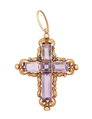 Lot A FRENCH 18CT YELLOW GOLD AND AMETHYST CROSS PENDANT
