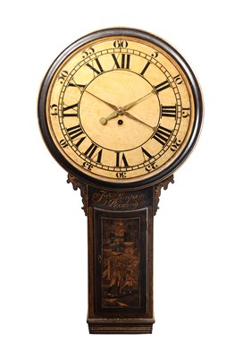 Lot 87 - JOHN SIMPSON, READING. AN IMPRESSIVE 18TH CENTURY EIGHT-DAY WEIGHT-DRIVEN JAPANNED TAVERN CLOCK