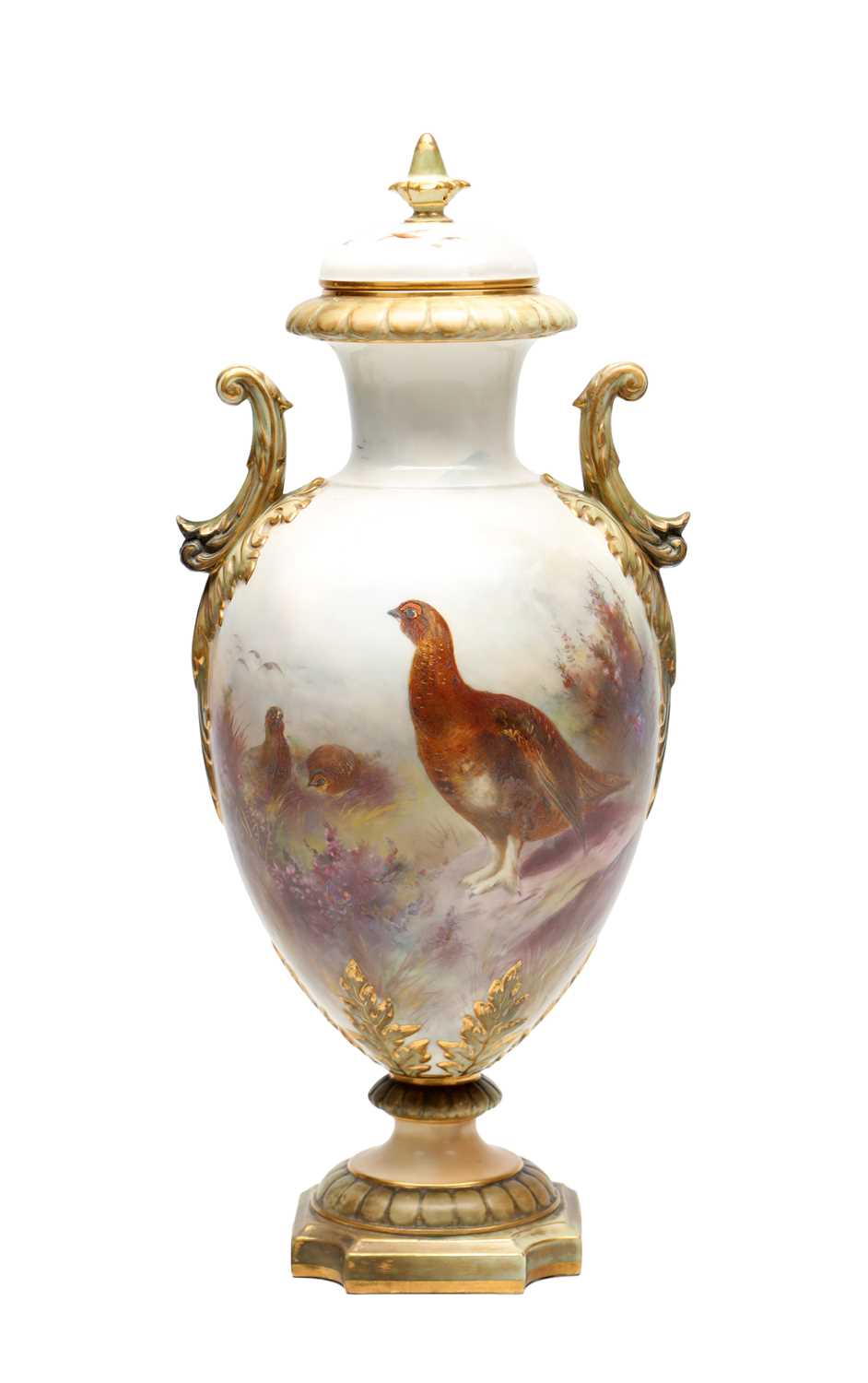 Lot AN EDWARDIAN ROYAL CHINA WORKS WORCESTER PORCELAIN TWO-HANDLED PEDESTAL VASE AND COVER