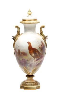 Lot AN EDWARDIAN ROYAL CHINA WORKS WORCESTER PORCELAIN TWO-HANDLED PEDESTAL VASE AND COVER
