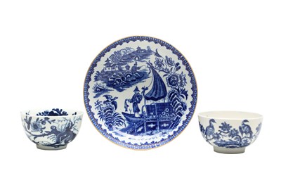 Lot THREE FIRST PERIOD WORCESTER BLUE AND WHITE PORCELAIN TEABOWLS AND A DISH