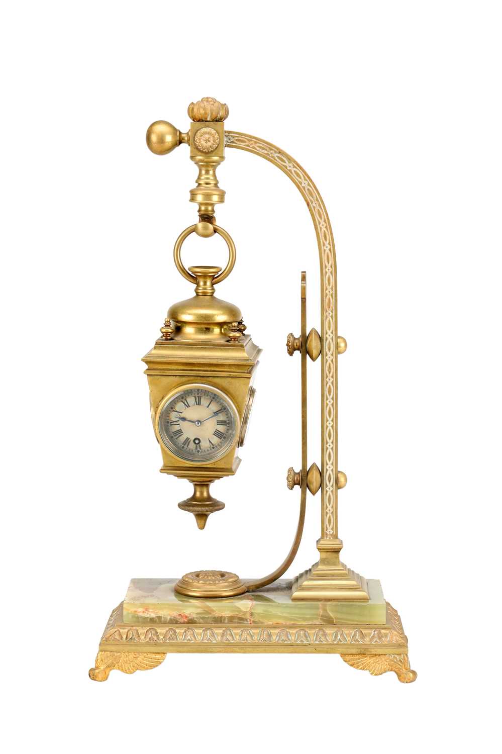 Lot 5 - AN UNUSUAL LATE 19TH CENTURY FRENCH BRASS AND ONYX NOVELTY MANTEL CLOCK
