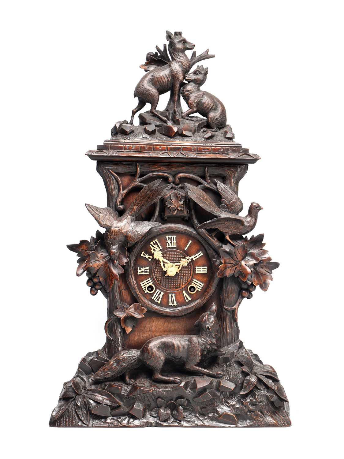 Lot 117 - A 19TH CENTURY BLACK FOREST CARVED WALNUT DOUBLE FUSEE CUCKOO CLOCK