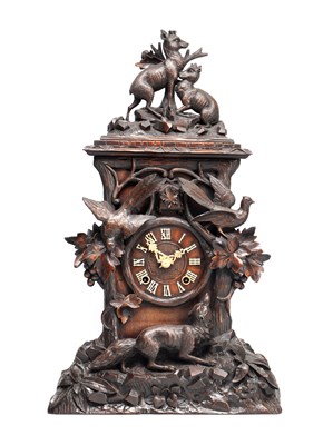 Lot 117 - A 19TH CENTURY BLACK FOREST CARVED WALNUT DOUBLE FUSEE CUCKOO CLOCK